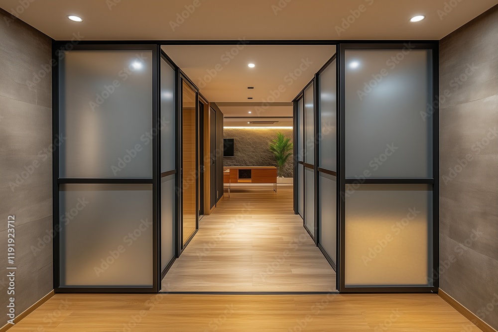 Obraz premium Streamlined Fashion in a Slight Hallway with Sliding Doors