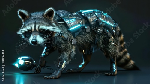 A futuristic raccoon with cybernetic enhancements and a glowing orb. photo