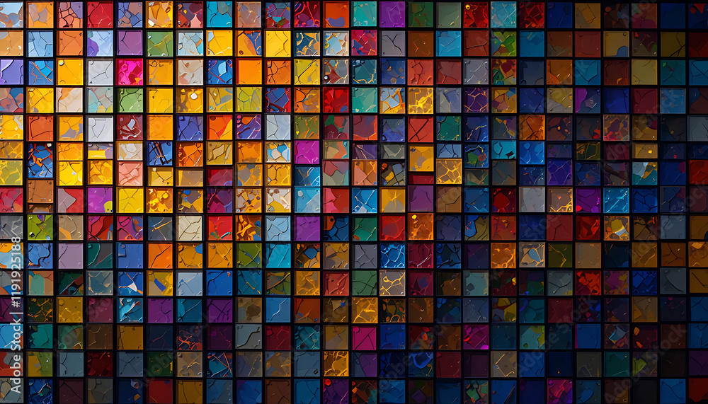 Fototapeta premium Vibrant mosaic tiles, evoking stained glass artwork in abstract background. generative ai