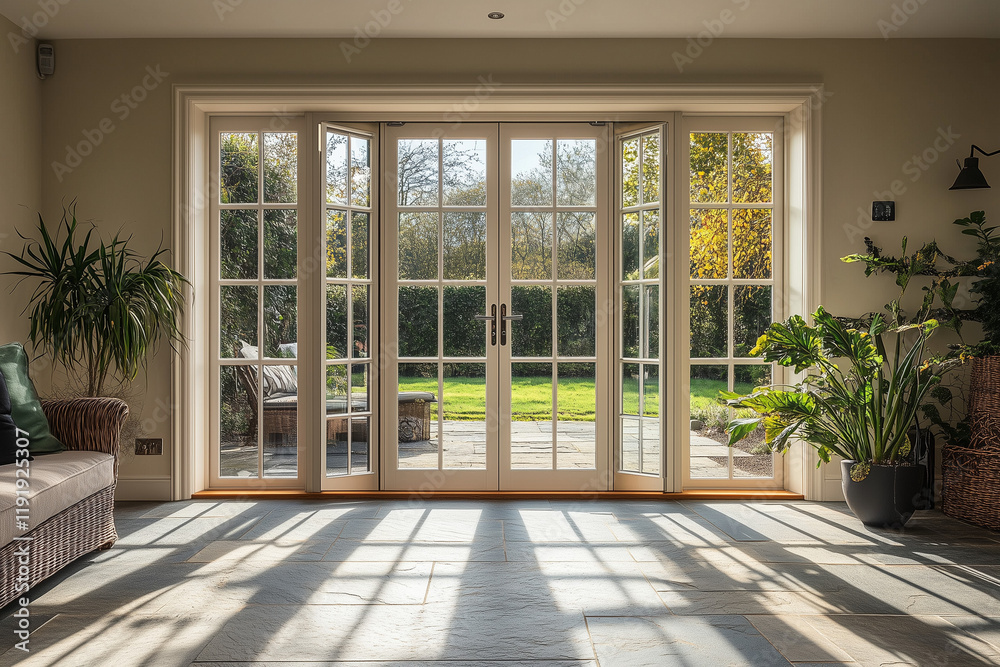 Obraz premium Sunlit Expansion: Arrangement of Folding Doors in a Sunroom Extension