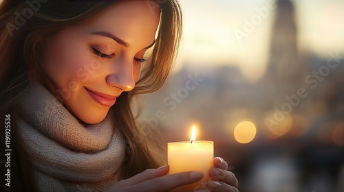 Woman enjoying a serene moment with a candle at sunset