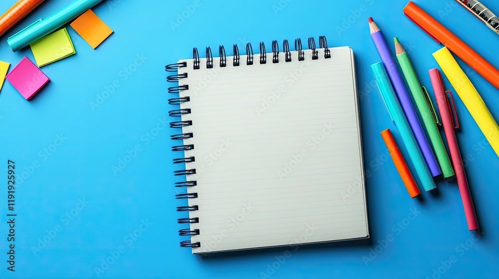 Blank notebook with colorful stationery on a blue background Blank notebook with colorful stationery on a blue background