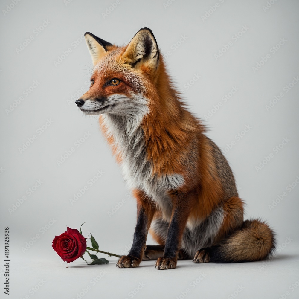 Fototapeta premium A fox holding a red rose on a white background.