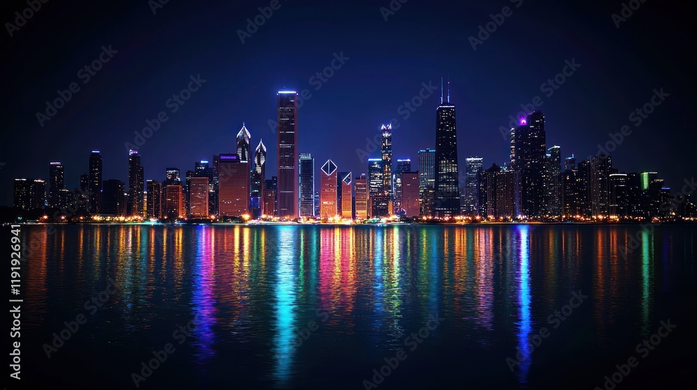 Obraz premium Night View of Chicago's Dazzling Skyline, Reflected on Calm Waters