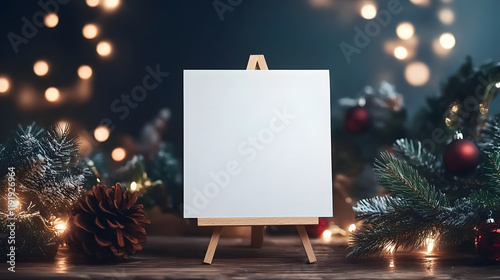 Festive Christmas Canvas on Wooden Easel with Holiday Decorations