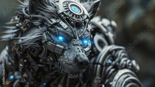 A futuristic robotic wolf with intricate metallic details and glowing blue eyes.