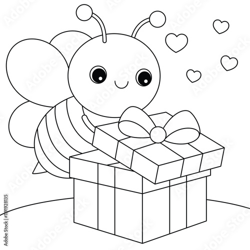 Cute cartoon bee open the gift box coloring page for kids
