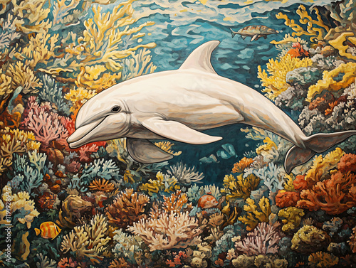 Adorable white dolphin smiling swimming playfully vibrant coral reef colorful fish marine life cheerful underwater scene kid art sunny soft cute warm wall decor storytelling sea world friend happy photo