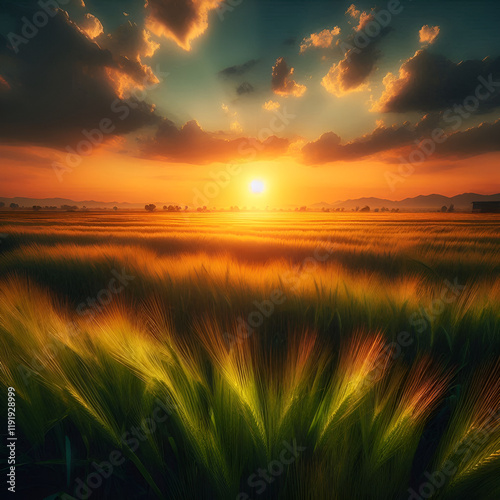 The sun sets brightly on the green fields in the late afternoon