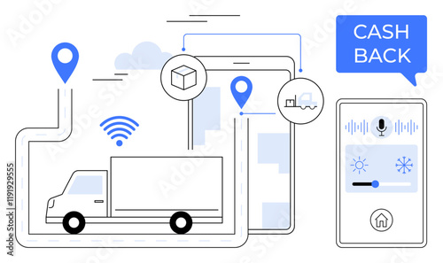 Truck on route with geolocation icons, mobile device connectivity, cash-back notification, voice-activated control. Ideal for delivery systems, telematics, rewards programs, IoT, smart homes