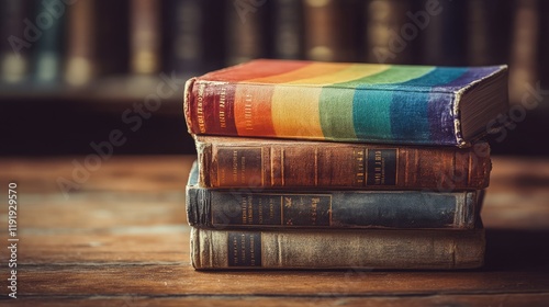 Stacked vintage books with a rainbow cover on a wooden table