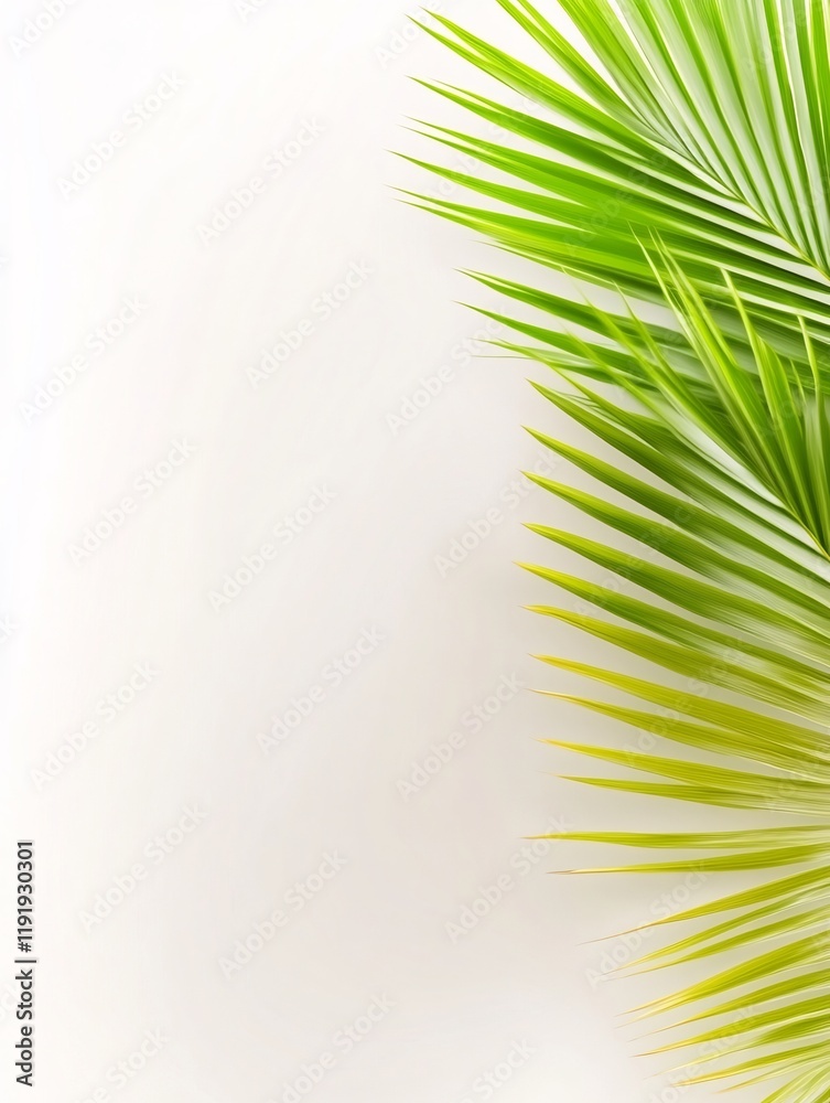 Fototapeta premium Vibrant green palm leaves gracefully frame a soft white background creating a serene minimalist aesthetic.. AI Generated