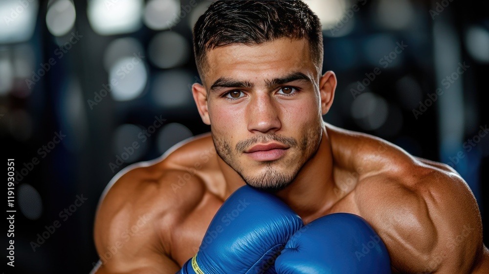 Intense boxer posing with blue gloves in gym setting Intense boxer posing with blue gloves in gym setting