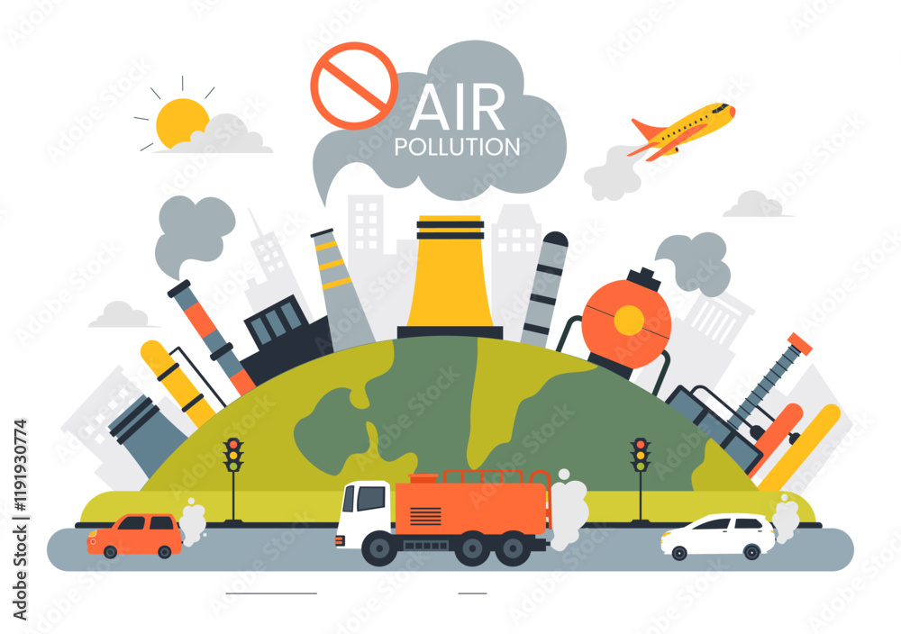 Fototapeta premium Air Pollution Illustration Featuring the Concepts of Climate Change and Global Warming, City Roads Covered in Smog, Factory Smoke, and Industrial