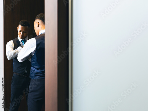 man, mirror, businessman, changing clothes, business, suit, formal, foreigner, black, global, men's clothing, businessperson, people, tie, cleanliness, luxury, full-length mirror, three-piece suit, co photo