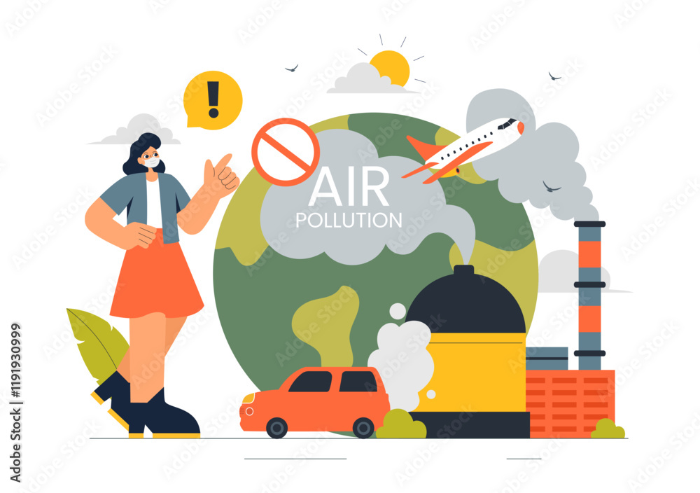 Naklejka premium Air Pollution Illustration Featuring the Concepts of Climate Change and Global Warming, City Roads Covered in Smog, Factory Smoke, and Industrial