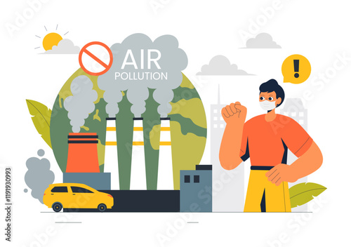 Air Pollution Illustration Featuring the Concepts of Climate Change and Global Warming, City Roads Covered in Smog, Factory Smoke, and Industrial photo