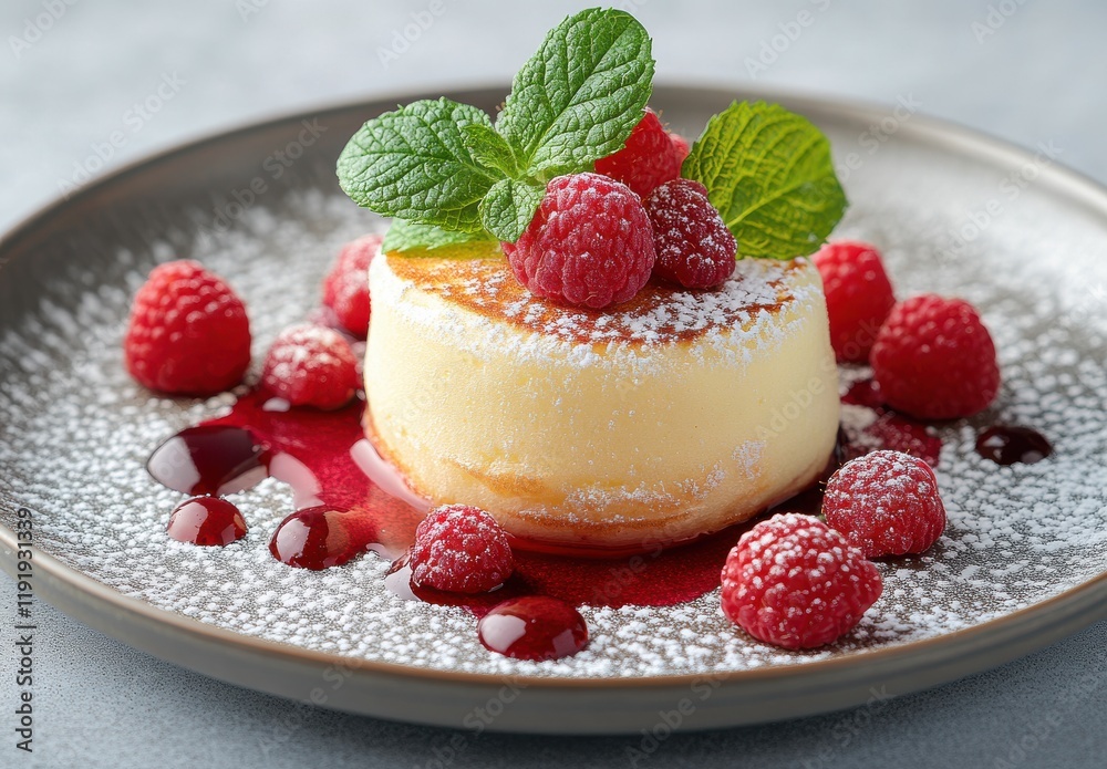 Delicious and Creamy Cheesecake with Fresh Raspberries and Mint Leaves, Garnished with Raspberry Sauce on a Stylish Plate Delicious and Creamy Cheesecake with Fresh Raspberries and Mint Leaves, Garnished with Raspberry Sauce on a Stylish Plate