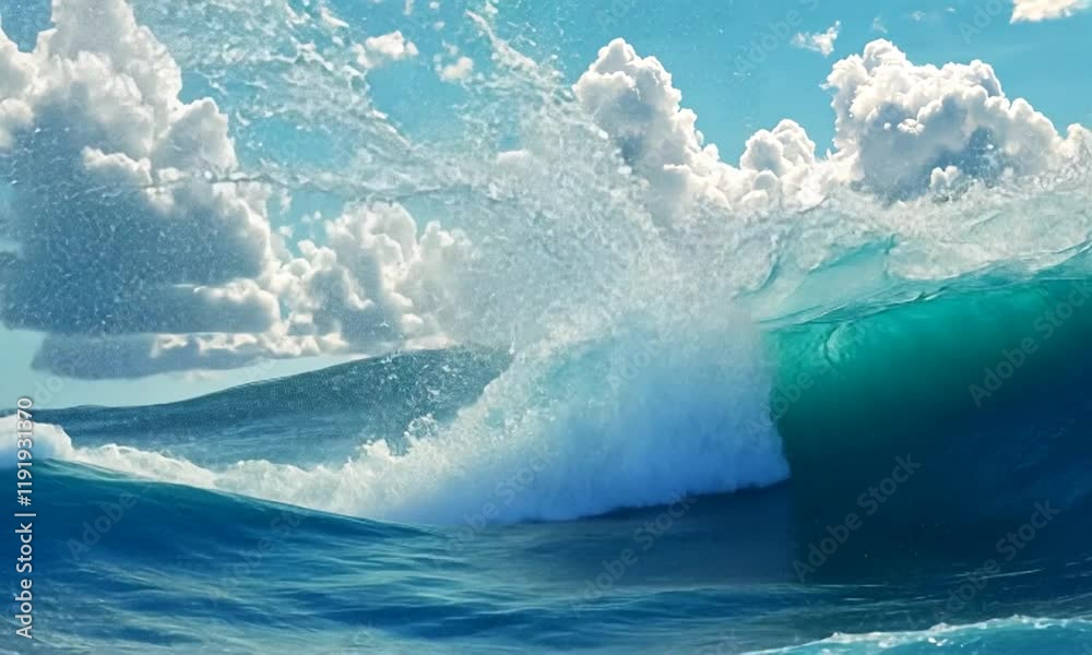A serene ocean scene featuring gentle waves and fluffy clouds under a bright blue sky, evoking a sense of tranquility and natural beauty.