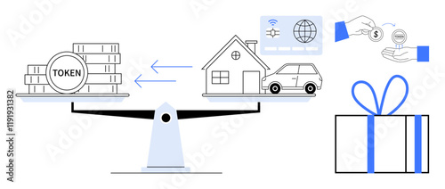 Tokens and physical assets on a balanced scale, trading icons, a house, car, global network card, and a gift. Ideal for finance, investment, real estate cryptocurrency digital exchange e-commerce