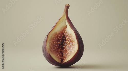 One fresh fig, split open to reveal the inside, on a plain backdrop.