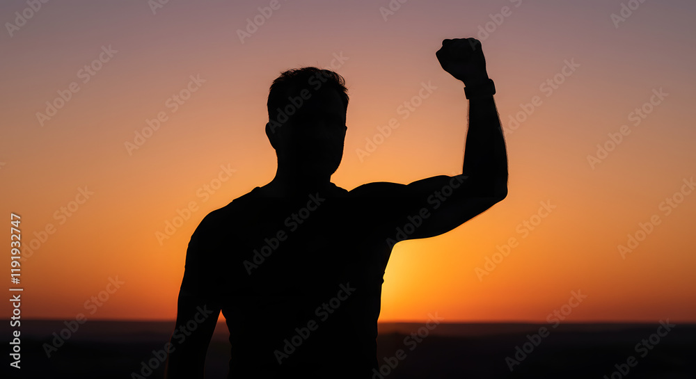 Fototapeta premium A silhouette of a committed individual, fist uplifted in success, emerges against a shining backdrop.