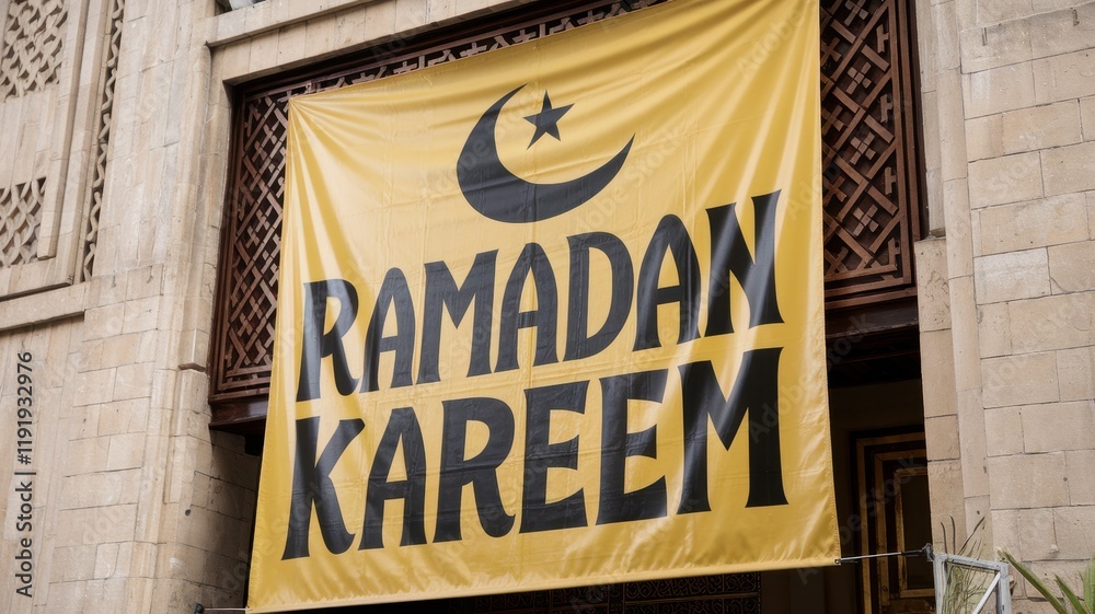 Fototapeta premium Ramadan Kareem banner hangs on mosque building