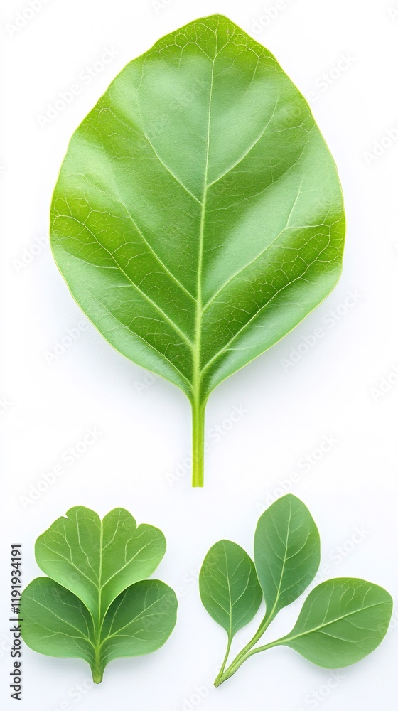 Fototapeta premium Vibrant green leaves isolated on white background showing varied shapes and textures. AI Generated