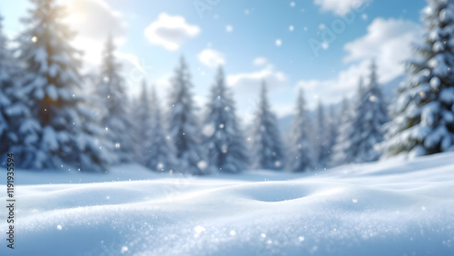 Stunning snowy scene with untouched snow in the foreground, blurred evergreen trees, and soft falling snowflakes under a crisp blue sky.