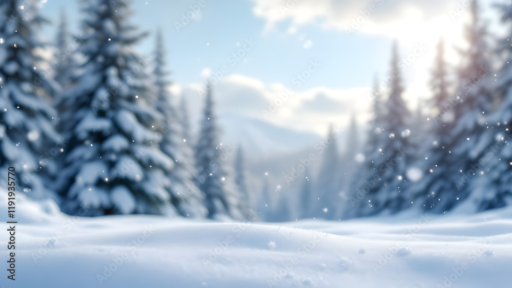 Calm winter landscape with soft snow textures in the foreground, blurry frosted trees, and snowfall creating a peaceful natural atmosphere. Calm winter landscape with soft snow textures in the foreground, blurry frosted trees, and snowfall creating a peaceful natural atmosphere.