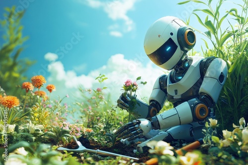 Humanoid robot cultivates a vibrant garden under a sunny blue sky