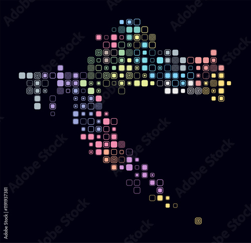 Croatia, shape of the country built of colored cells. Digital style map of Croatia on dark background. Large size rounded square blocks. Modern vector illustration.