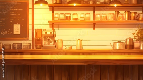 Cozy anime-style caf ambiance, showcasing a wooden textured empty billboard on a shelf, ideal for brand model concepts and wallpaper backgrounds photo