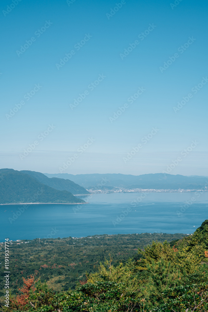 View of Sakurajima volcano island and seascape in Kagoshima, Japan