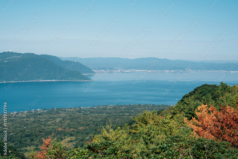 View of Sakurajima volcano island and seascape in Kagoshima, Japan