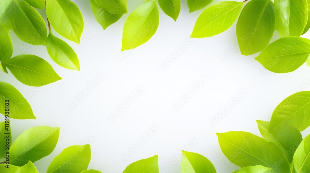 Vibrant green leaves frame a bright white background creating a serene spring scene. AI Generated Vibrant green leaves frame a bright white background creating a serene spring scene. AI Generated