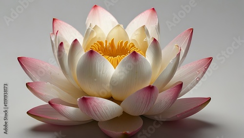 A lotus flower with white petals that have pink edges, centered against a white background.