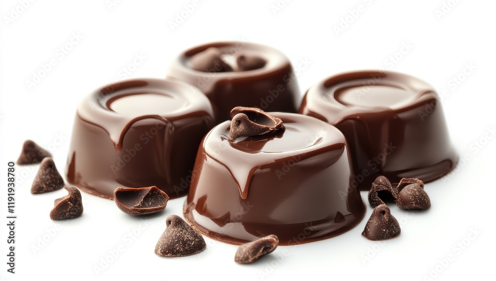 Obraz premium Delicious Dark Chocolate Treats on a White Background Showcasing Smooth Glossy Texture and Irresistible Appeal for Dessert Lovers and Sweet Enthusiasts
