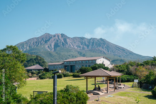 Obraz na płótnie Sakurajima Yogan Nagisa Park Footbath in Kagoshima, Japan w salonie