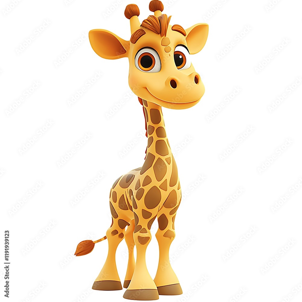 Obraz premium Cute cartoon giraffe, happy expression, white background, children's book illustration