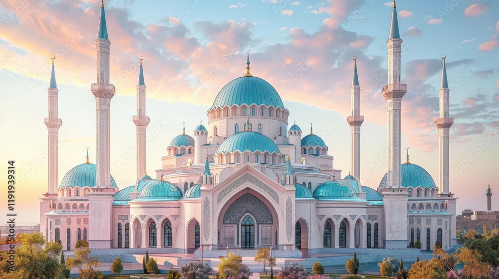 Obraz premium A grand mosque with turquoise domes and tall minarets set against a colorful sky.