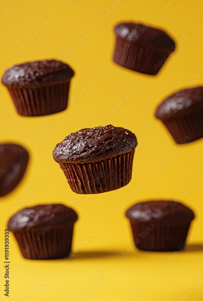Delicious Floating Chocolate Muffins on a Bright Yellow Background Capturing the Joy of Baking and Sweet Treats Perfect for Food Lovers and Culinary Enthusiasts Delicious Floating Chocolate Muffins on a Bright Yellow Background Capturing the Joy of Baking and Sweet Treats Perfect for Food Lovers and Culinary Enthusiasts