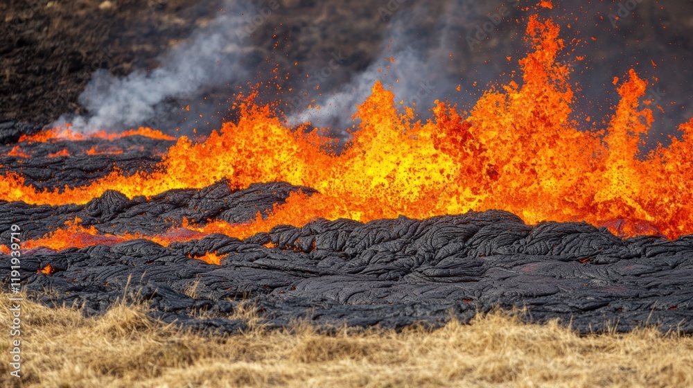 Fiery lava flow erupting, burning grass. Fiery lava flow erupting, burning grass.