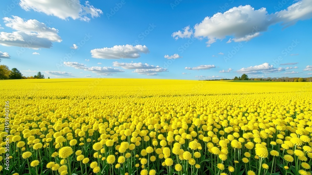 A sunlit expanse of vibrant yellow dandelions, their long green stems swaying gently against a soft azure sky, fills an expansive field with life and color A sunlit expanse of vibrant yellow dandelions, their long green stems swaying gently against a soft azure sky, fills an expansive field with life and color