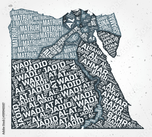 Egypt regions word clouds. Country shape on textured background. Egypt design in typographic style. Stylish vector illustration.