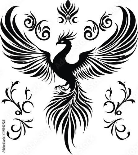 Phoenix Vector Illustration - Black Silhouette with Floral Ornaments