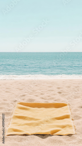 Yellow beach towel on sandy shore with calm ocean view