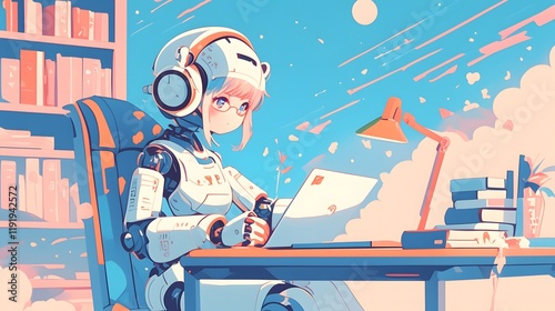 Cute writing assistant chatbot working on a novel or essay in a study setting.