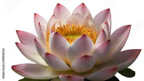 A beautiful lotus flower with a yellow center and white petals, set against a green leaf in the background.