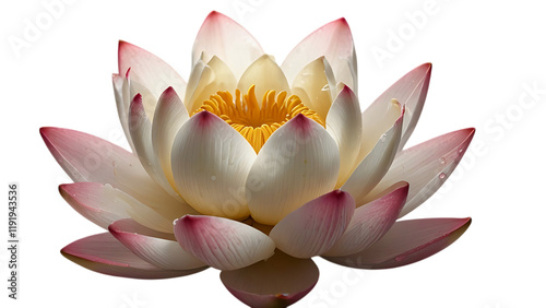 A white lotus flower with pink edges, isolated against a white background. The lotus has a yellow center.